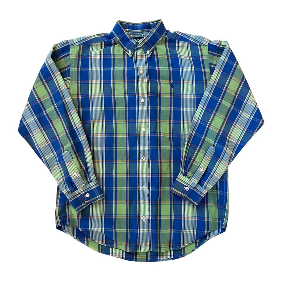 Ralph Lauren Youth XL 20 Preppy Blue Green Plaid Cotton Button Down Long Sleeve